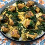 Thai turkey meatballs over rice in a large bowl